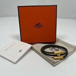 Hermes Tournis Tresse Olive Green Braided Leather Bracelet Gold Hardware In Box